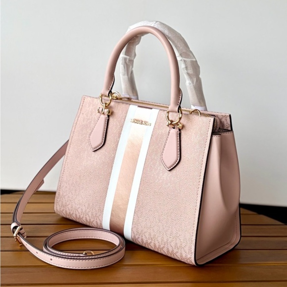 Michael Kors Pink and White Striped Satchel